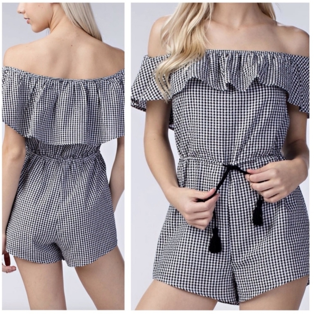 Honey Punch Gingham Off Shoulder Romper Black White Milkmaid‎ Cottagecore Boho M